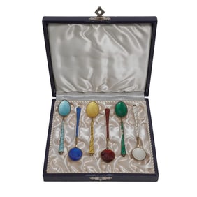 Danish Sterling Guilloche Enameled Spoons w/box