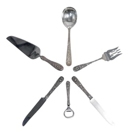 (6 Pc) American Sterling Silver Repousse Flatware Serving Utensils