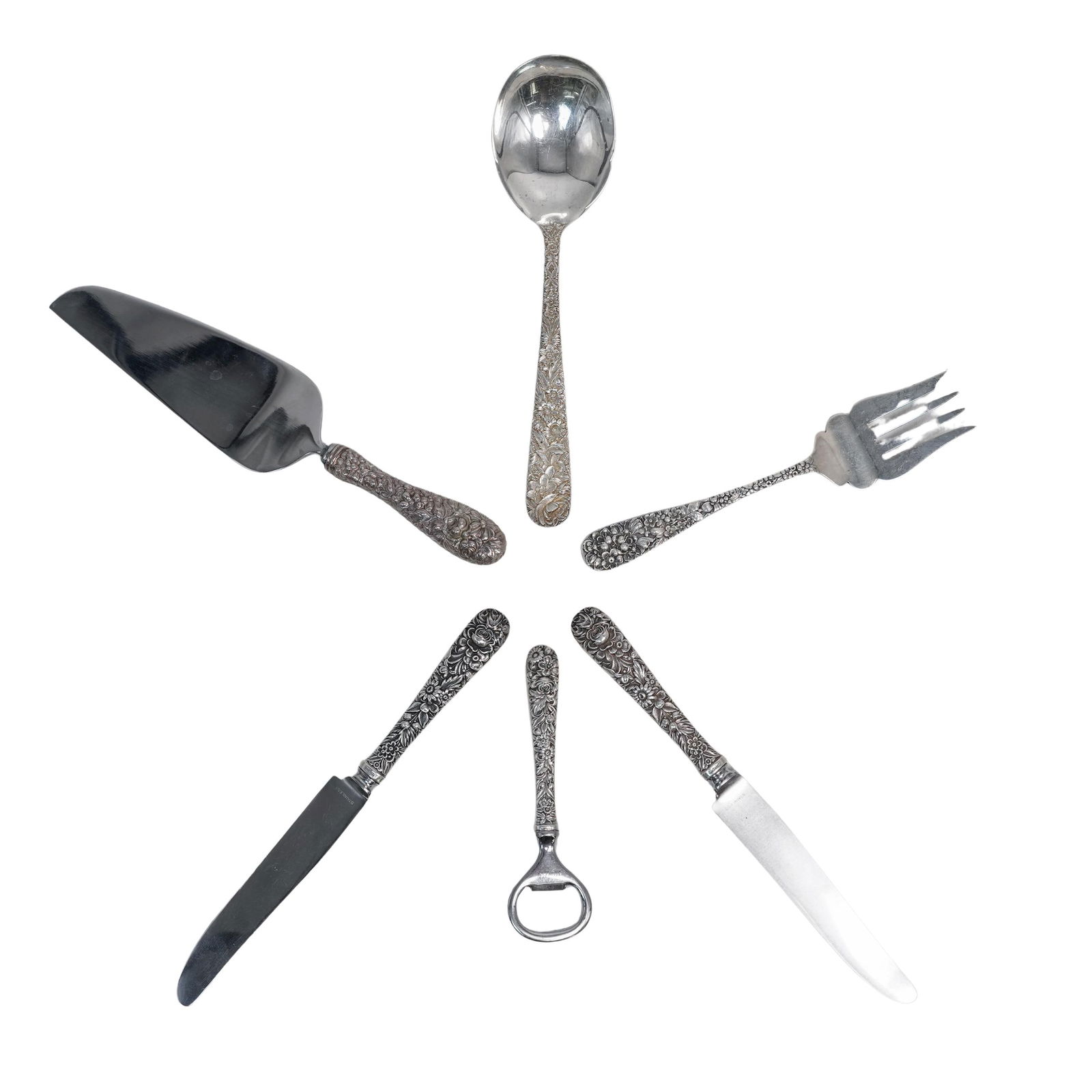 (6 Pc) American Sterling Silver Repousse Flatware Serving Utensils (1 of 9)