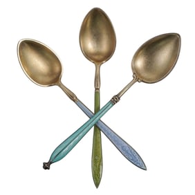 (3 Pc) Sterling Silver Enamel Guilloche Demitasse Spoons Set