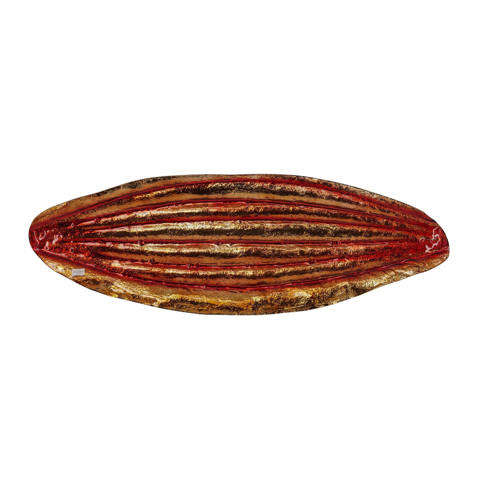 Monumental Portuguese Art Glass Centerpiece: Monumental Portuguese Art Glass Centerpiece 20th century, Portugal A monumental sized art glass centerpiece is red, gold, and silver painted underside. Marked with original retail label. L 43 1/2" W 1