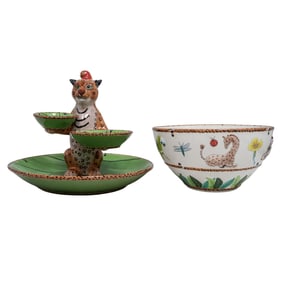 (2 Pc) Lynn Chase "Jungle Jubilee" 3-Tier Serving Tray & Salad Bowl