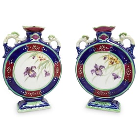 Pair of European Porcelain Floral Hand-painted Vases