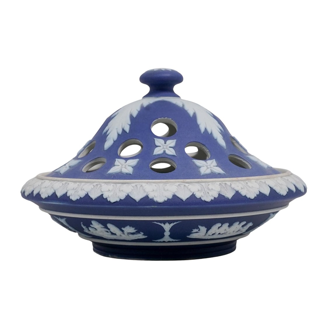 Wedgwood Blue Jasperware Potpourri Bowl: Wedgwood Blue Jasperware Potpourri Bowl1893-1920, EnglandWedgwood (established 1759, English) blue jasperware potpourri bowl. Features the iconic cherub classical reliefs in white against the blue jas