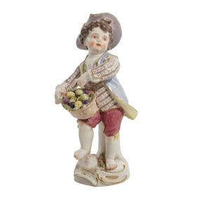Antique Meissen Boy with Fruit Basket Porcelain Figurine