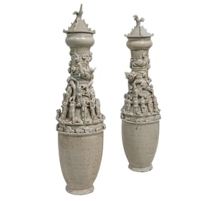 (2 Pc) Antique Chinese Stoneware Lidded Funeral Vases