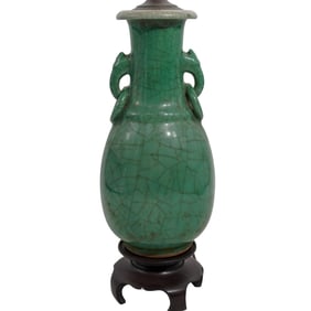 Vintage Chinese Green Craquelure Glaze Vase Lamp