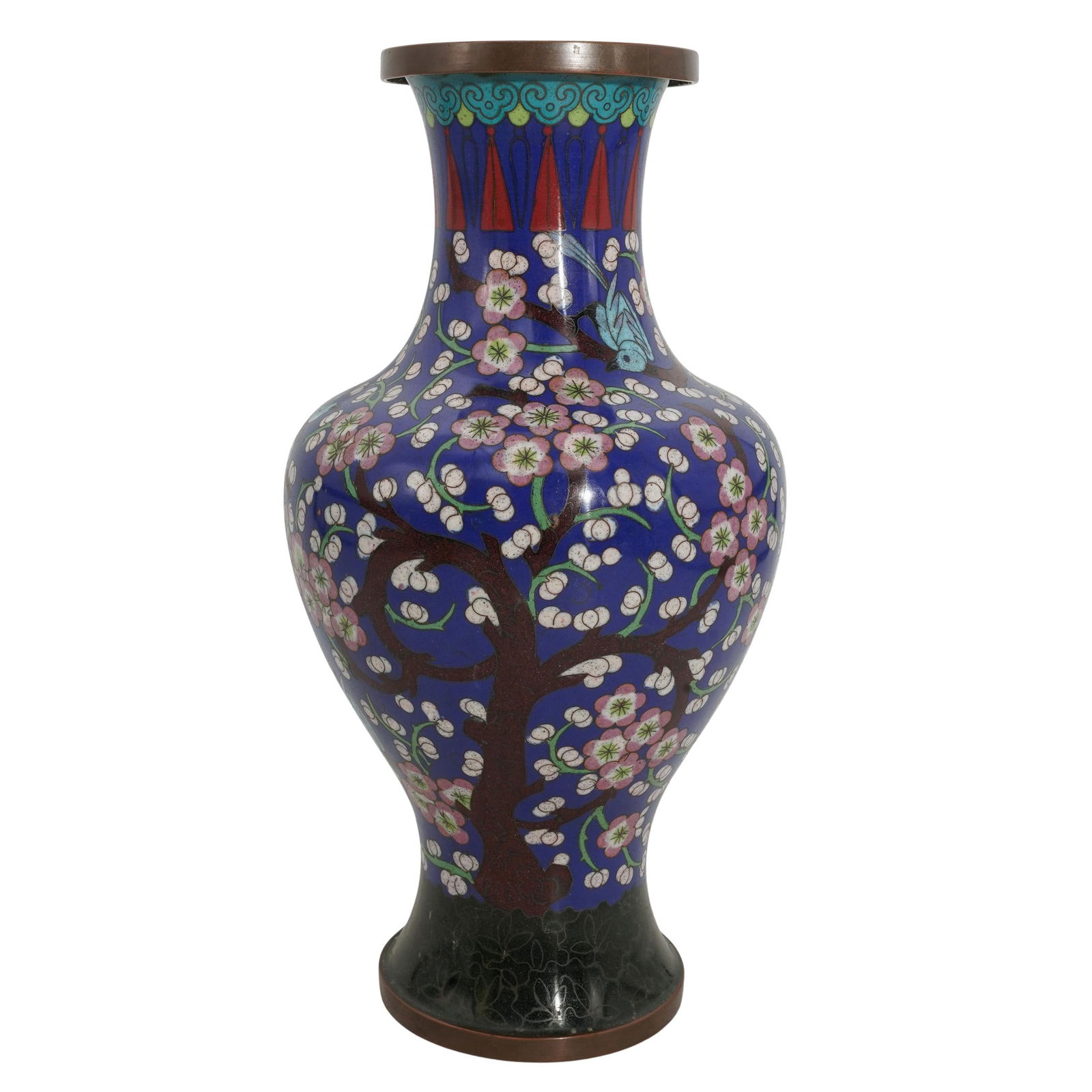 Antique Japanese Cloisonne Cherry Blossom Vase: Antique Japanese Cloisonne Cherry Blossom VaseLate 19th-Early 20th Cent., Japan.Antique Japanese cloisonne bronzed copper vase, with baluster form, decorated with blue pink and white enameled intertwi