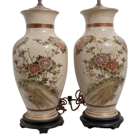 (2 Pc) Pair of Japanese Satsuma Crackle Porcelain Glaze Vase Lamps