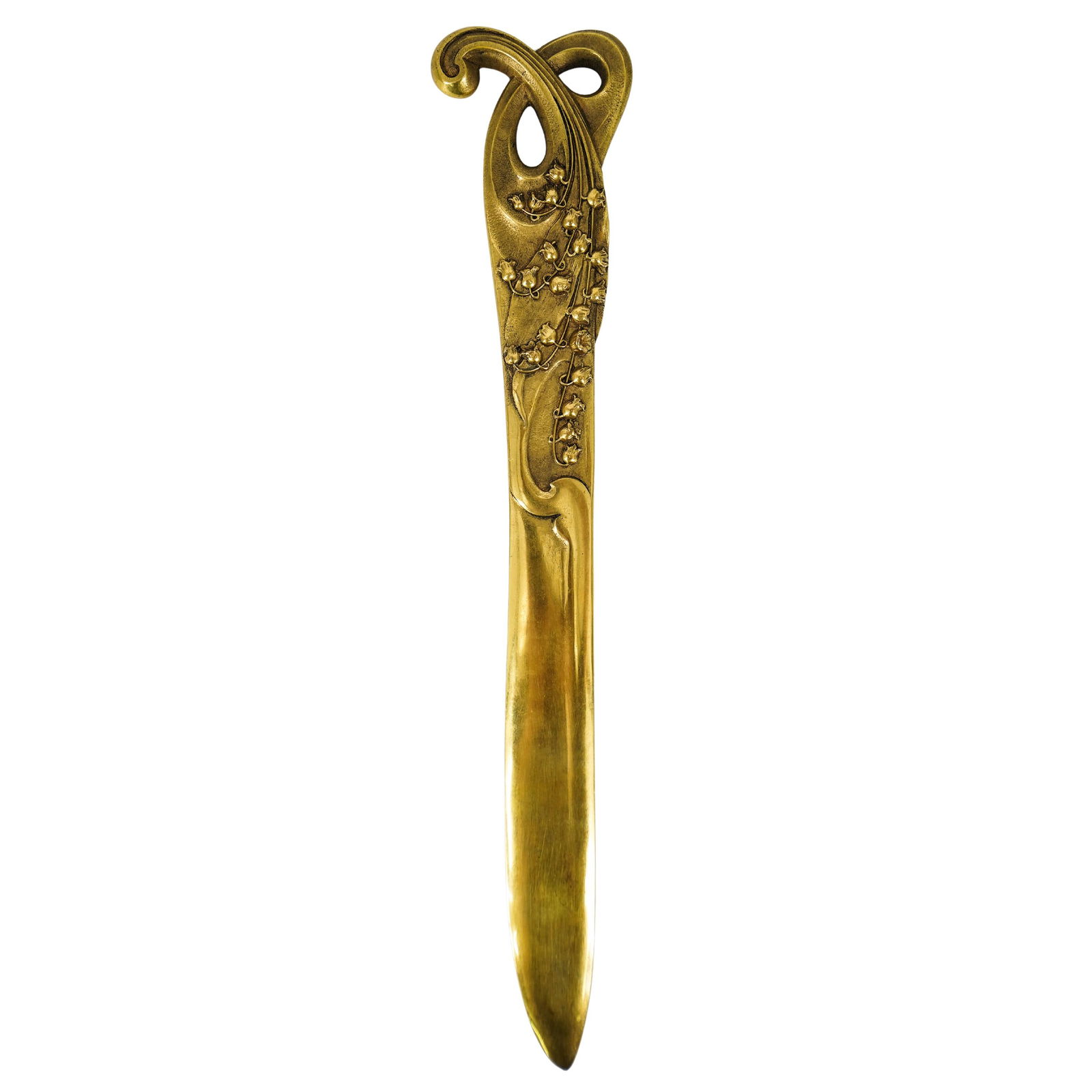 French Signed Gilt Bronze "Lily Of The Valley" Letter Opener: French Signed Gilt Bronze "Lily Of The Valley" Letter Opener19th c., FranceAntique art nouveau gilded bronze letter opener featuring lilies of the valley on the handle. R. Heyner artist signature and