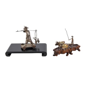 (2 pcs) Chinese Silver Rural Figurines on Base