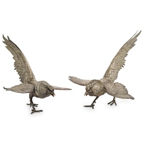 Pair Of Antique Silver Plated Fighting Pheasants Sculptures