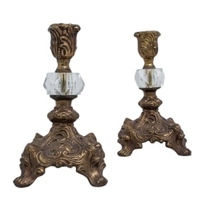 Pair Crystal and Gilt Brass Candlesticks