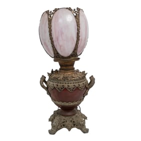 Pink Slag Glass and Brass Parlor Table Lamp