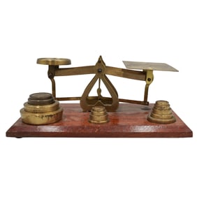 English Brass Scale w/ Weights on Wooden Base
