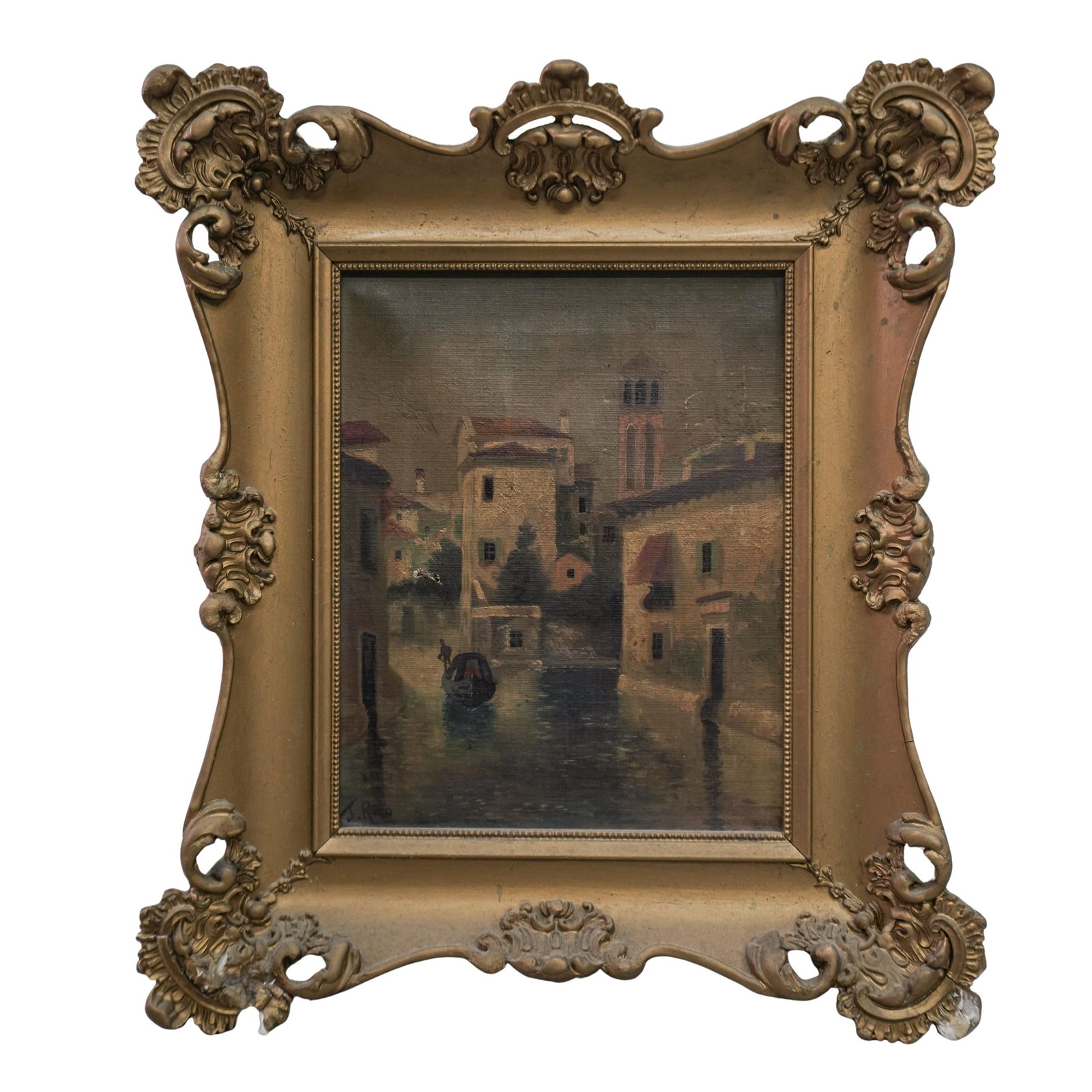 Ex Christies Signed "J Rico" Oil on Canvas Harbor Scene: Ex Christies Signed "J Rico" Oil on Canvas Harbor Scene Late 19th-early 20th century, European An oil on canvas harbor scene signed in bottom left "J Rico". Marked on back with previous Christies auct