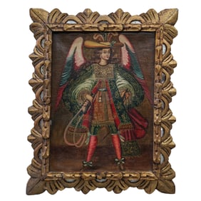Antique Cuzco School Archangel Oil on Canvas