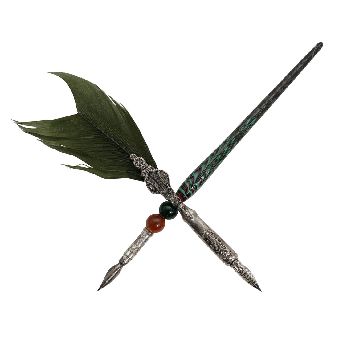 (2 Pc) Silver Murano Glass & Feathered Dip Pens (1 of 8)