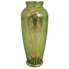 Art Nouveau Loetz Style Green Glass Gilt Vase