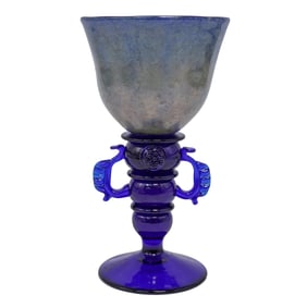 Signed Czech Cobalt Blue Art Glass Goblet