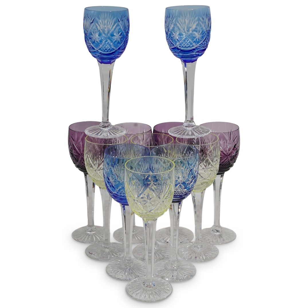 (11 Pc) Bohemian Cut Crystal Multicolored Wine Glasses Set: (11 Pc) Bohemian Cut Crystal Multicolored Wine Glasses SetCzech Republic, 20th Century.(11 Pc) A set of eleven Bohemian cut crystal multicolored wine glasses set in assorted colors. Includes: four (4)