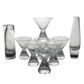 (9 Pc) Steuben Teardrop Martini Glasses & Bud Vases