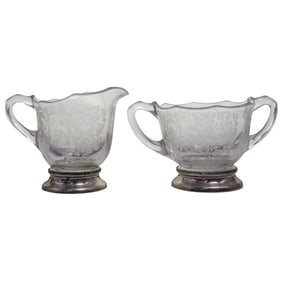 (2 Pc) Sterling Silver & Etched Glass Creamer / Sugar Bowl Set