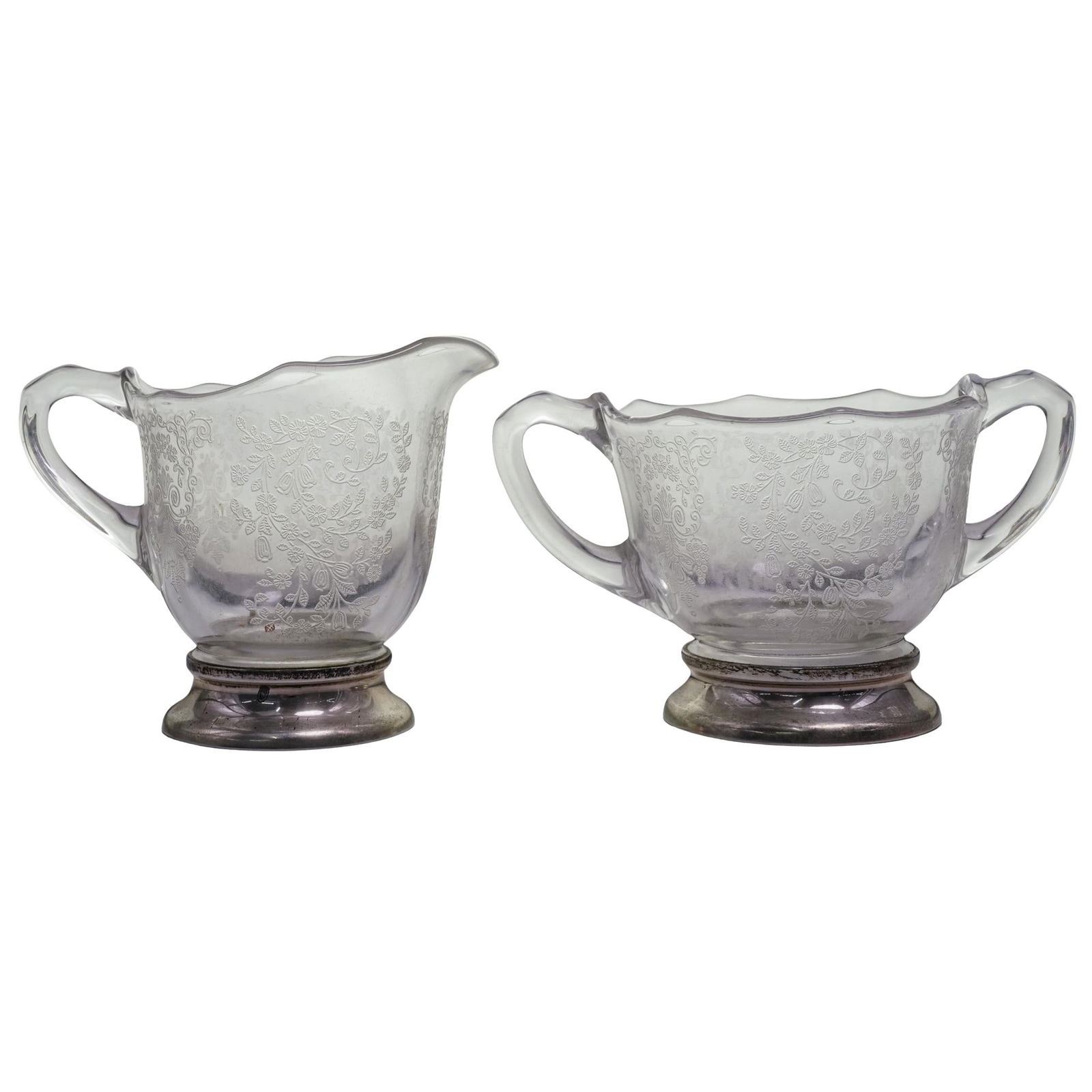 (2 Pc) Sterling Silver & Etched Glass Creamer / Sugar Bowl Set (1 of 8)