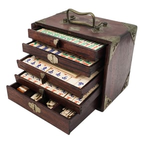 Vintage Rosewood Boxed Bone and Wood Mahjong Set