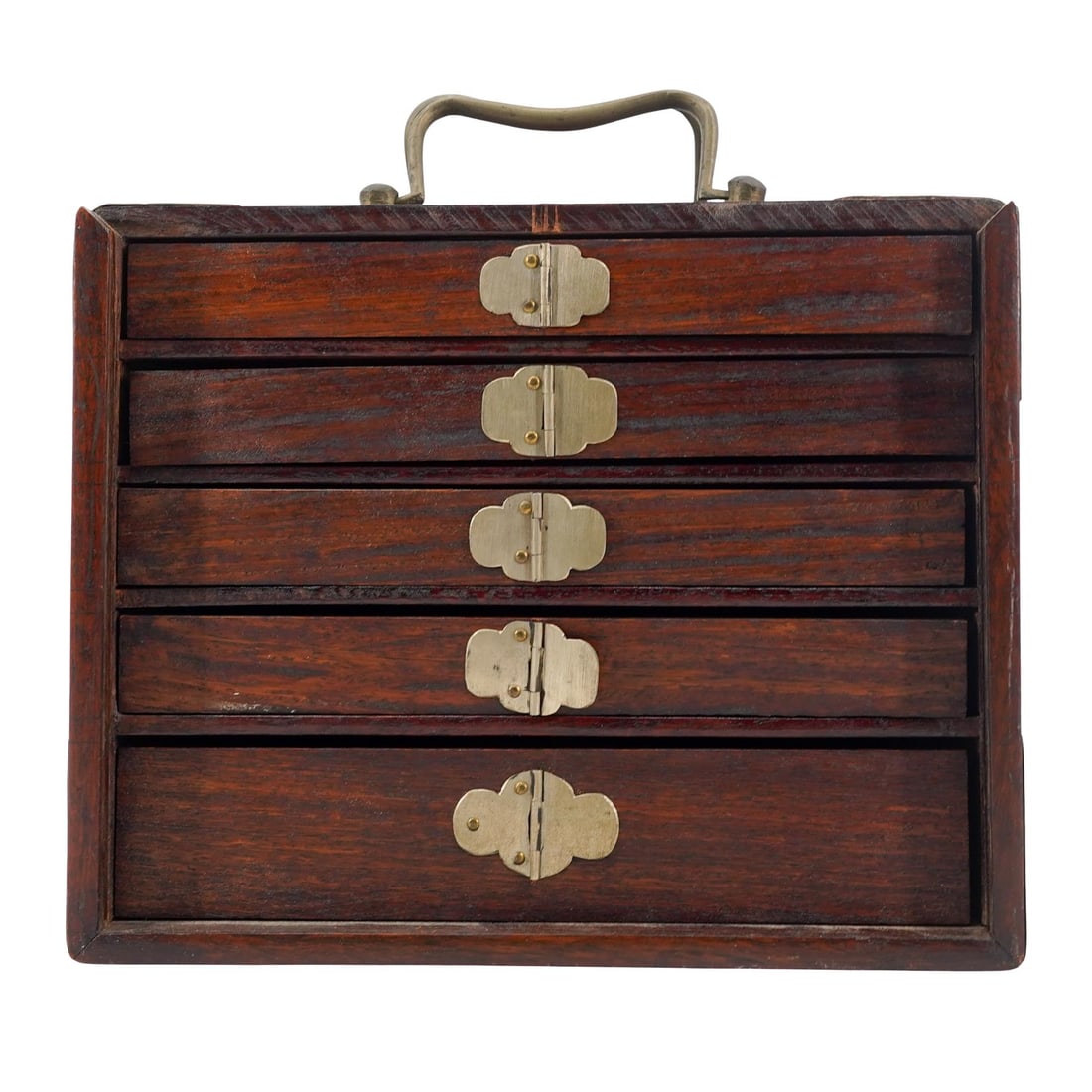 Vintage Rosewood Boxed Bone and Wood Mahjong Set: Vintage Rosewood Boxed Bone and Wood Mahjong Set1924-1974, U.S./CanadaA vintage rosewood boxed mahjong set with brass accents. Tiles and playing pieces are divided into five drawers. Included also is