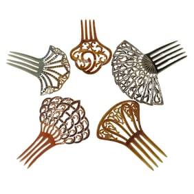 (5 pcs) Antique Bakelite Celluloid and Rhinestone Hair Fan Combs