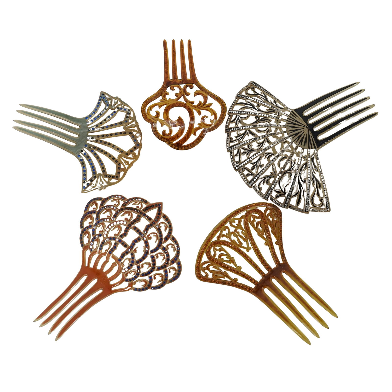 (5 pcs) Antique Bakelite Celluloid and Rhinestone Hair Fan Combs (1 of 7)