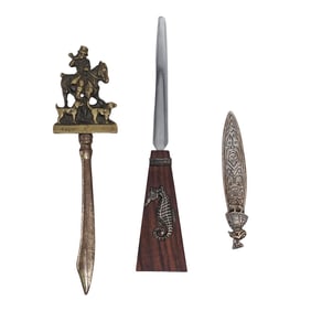 (3 pc) Assorted Letter Openers; Wood, Sterling, Brass