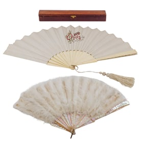 (2 pcs) Feather and Silk Folding Fans w/ Case