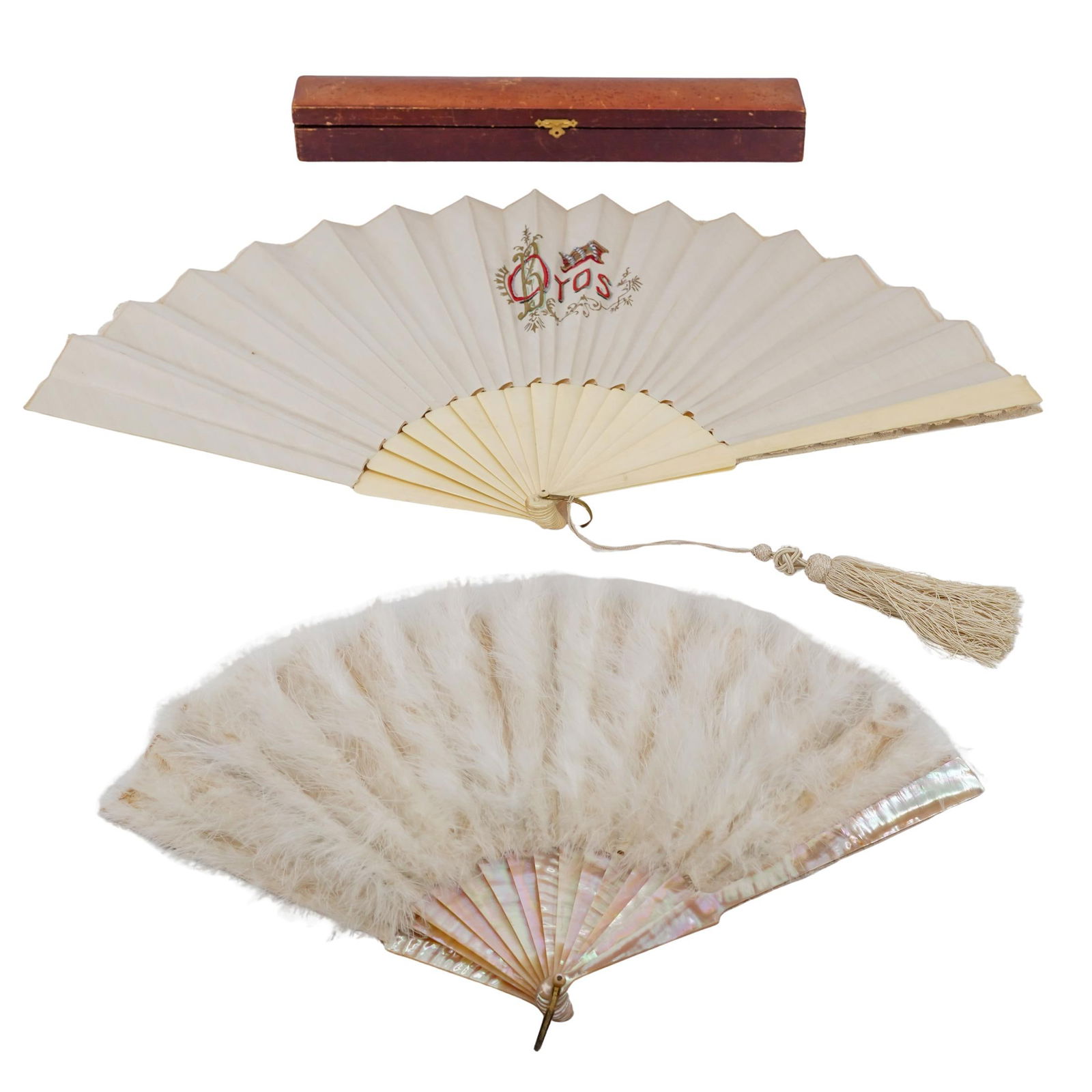 (2 pcs) Feather and Silk Folding Fans w/ Case: (2 pcs) Feather and Silk Folding Fans w/ CaseLate 19th-early 20th century, ContinentalA set of two folding fans. The small fan is adorned with white feathers and a mother-of-pearl frame. The larger is