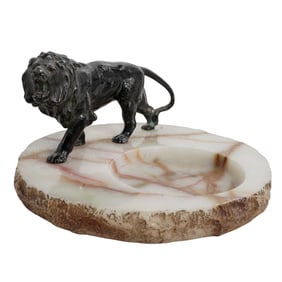 Patinated Cast Metal Lion on Carved Marble Tray
