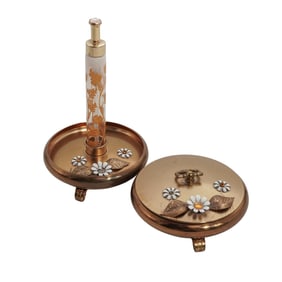 (3 Pc) Antique Floral Gilded Brass Vanity Accessories