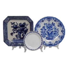 (3 Pc) Assorted Blue & White Porcelain Plates Grouping