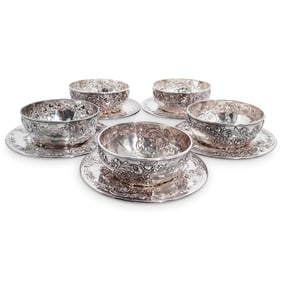 (10 Pc) Gorham Manufacturing Co. Silverplate Repousse Bowl /Saucer Set