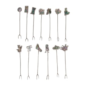 (13pc) Mother of Pearl Silver-Plated Taxco Cocktail Forks