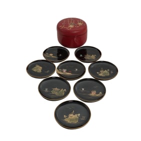 (8 Pc) Japanese Lacquered Wood & Mother Of Pearl Inlay Coasters In Box