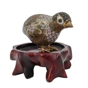 Chinese Cloisonné Bird Figurine With Wooden Base