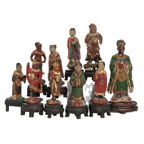 (10 pcs) Asian Polychrome Gesso Wooden Temple Immortals Figures