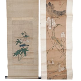 (2 pcs) Signed Chinese Silk Bird and Flowers Parchment Scrolls
