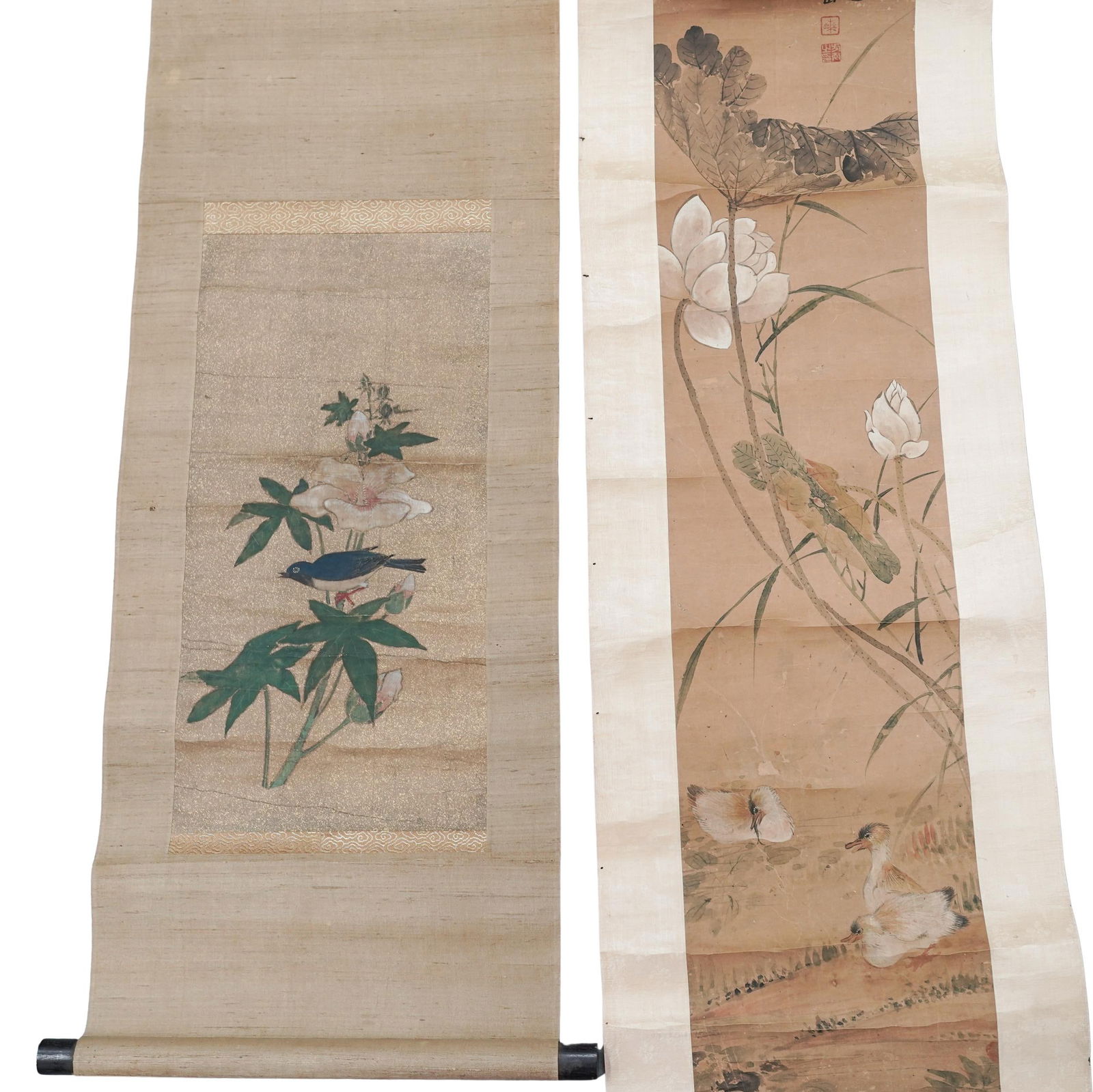 (2 pcs) Signed Chinese Silk Bird and Flowers Parchment Scrolls (1 of 9)