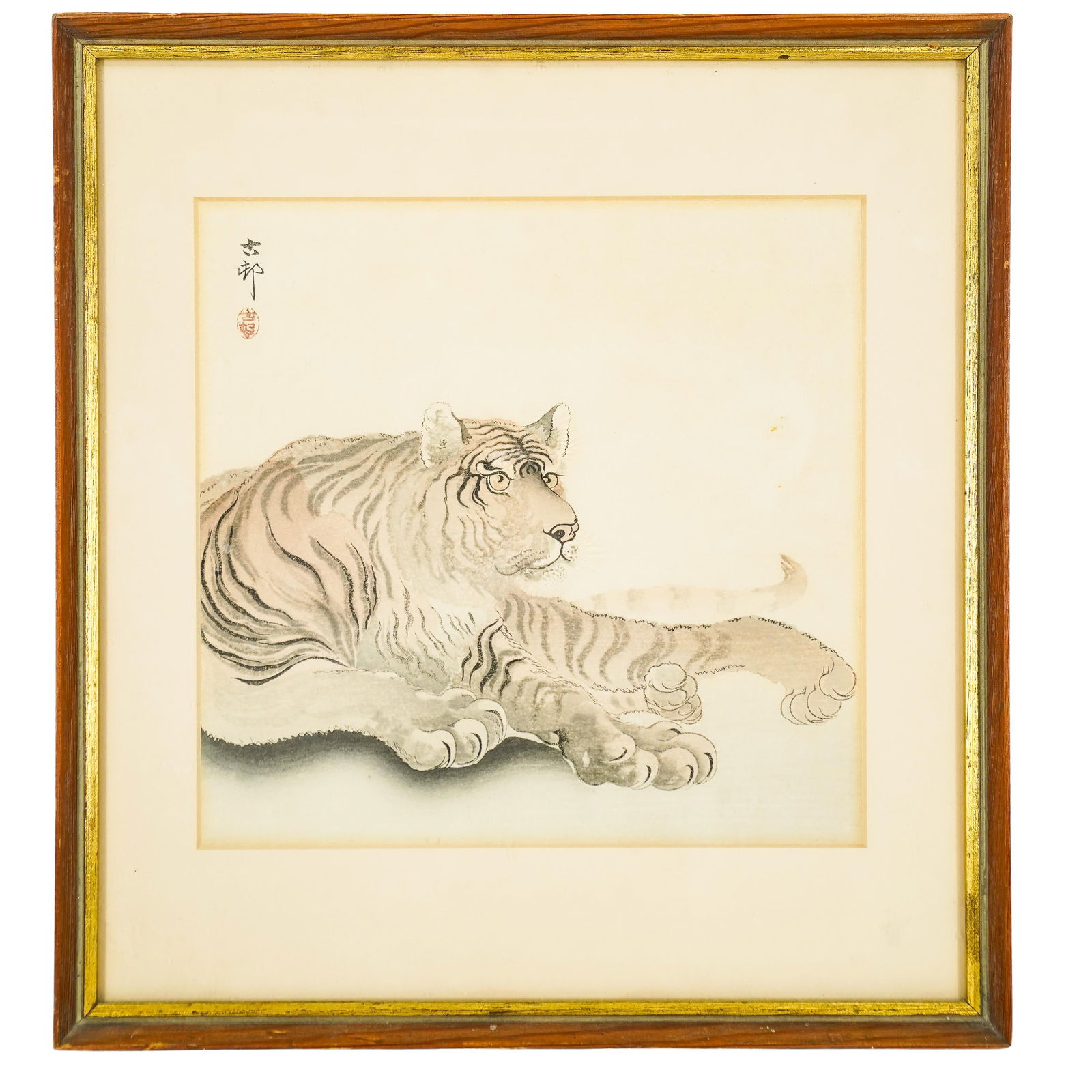 Ohara Koson (1878-1945) Japanese Woodblock of Tiger: Ohara Koson (1878-1945) Japanese Woodblock of TigerEarly to Mid 20th Cent. JapanOHARA KOSON (1878-1945) Japanese woodblock on paper depicting a fierce tiger, artist signature to top left with seal sta