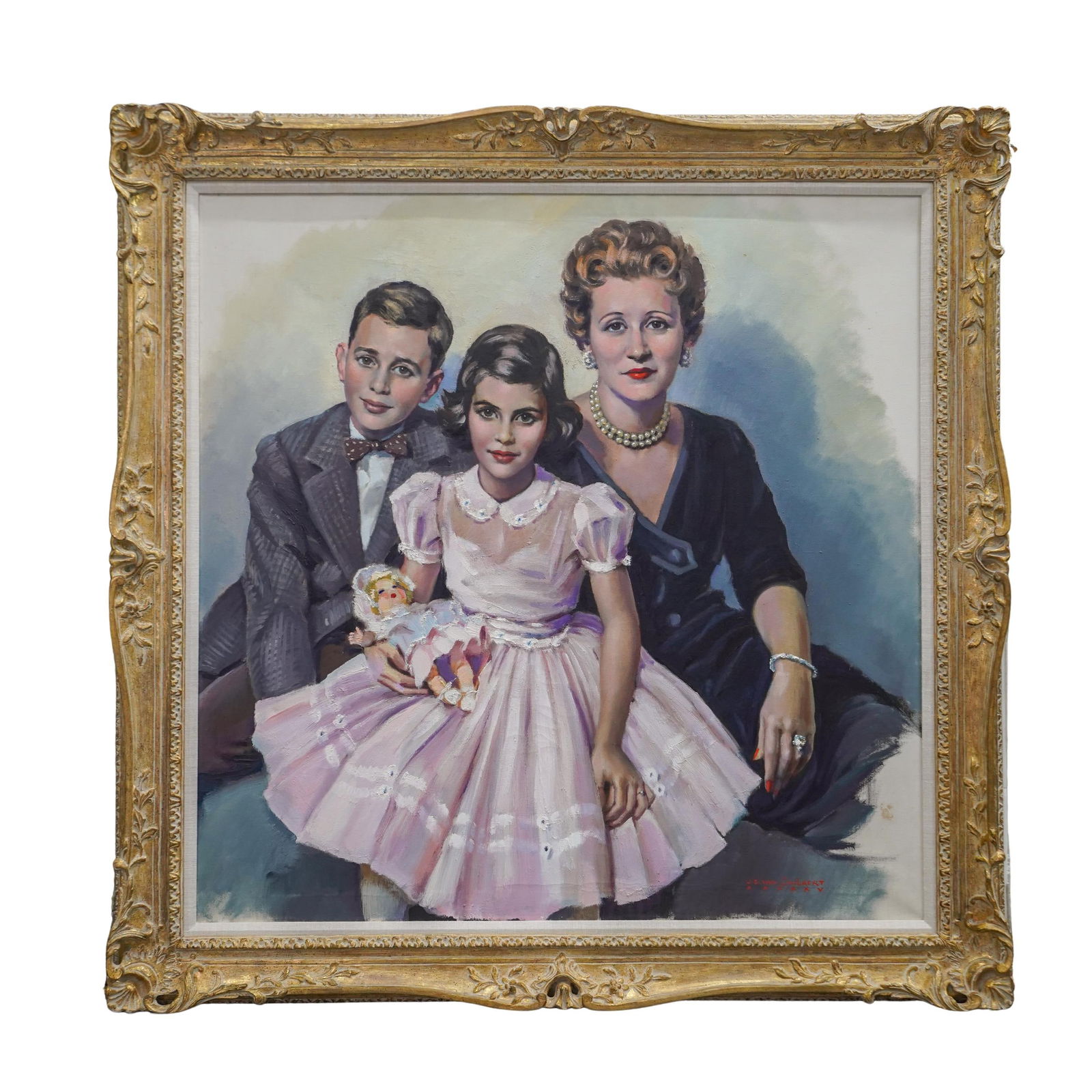 Jean Dominique Van Caulaert (French, 1897-1979) Oil on Canvas Family Portrait: Jean Dominique Van Caulaert (French, 1897-1979) Oil on Canvas Family Portrait1955, FranceJean Dominique Van Caulaert (French, 1897-1979) large mid century oil on canvas painting, depicting a mother an