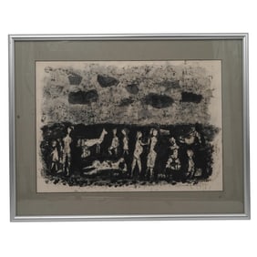 Signed Charcoal Figural Mixed Media on Paper