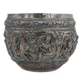 Exceptional Large Burmese Solid Heavy Silver Thabeik Bowl