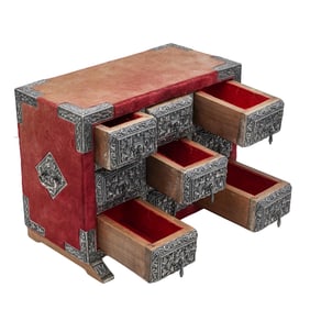 Spanish Colonial Silver, Wood and Velvet covered Nine Drawer Cabinet